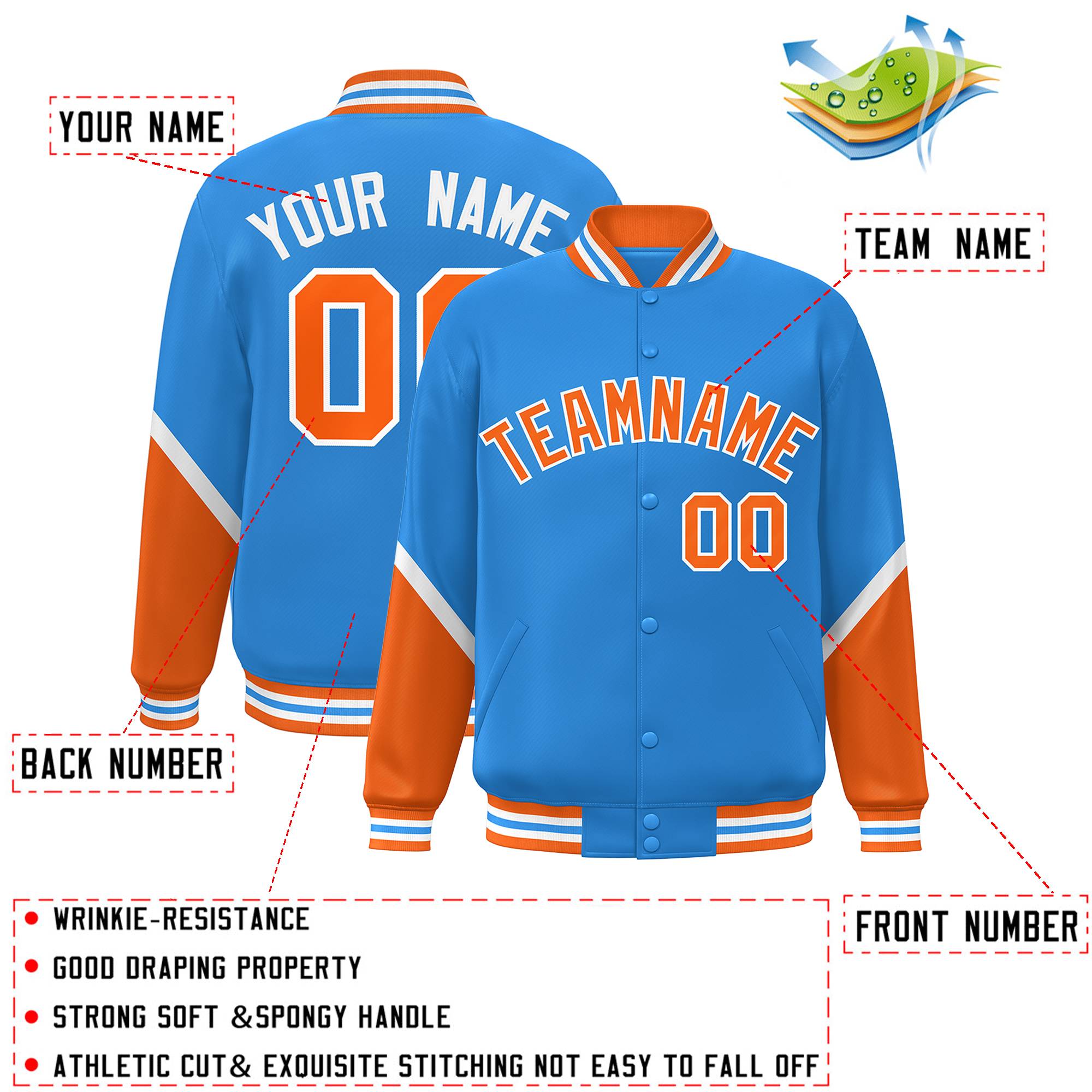 Custom Powder Blue Orange Varsity Full-Snap Color Block Letterman Baseball Jacket