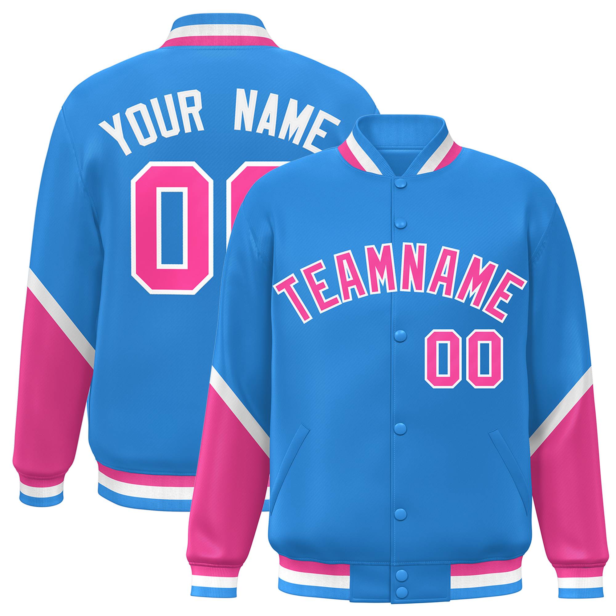 Custom Powder Blue Pink Varsity Full-Snap Color Block Letterman Baseball Jacket