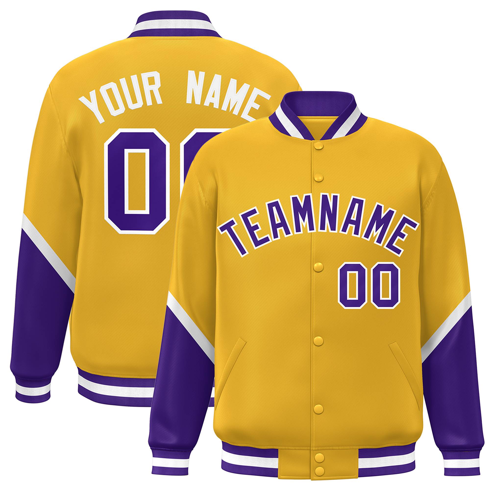 Custom Gold Purple Varsity Full-Snap Color Block Letterman Baseball Jacket