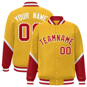 Custom Gold Red Varsity Full-Snap Color Block Letterman Baseball Jacket