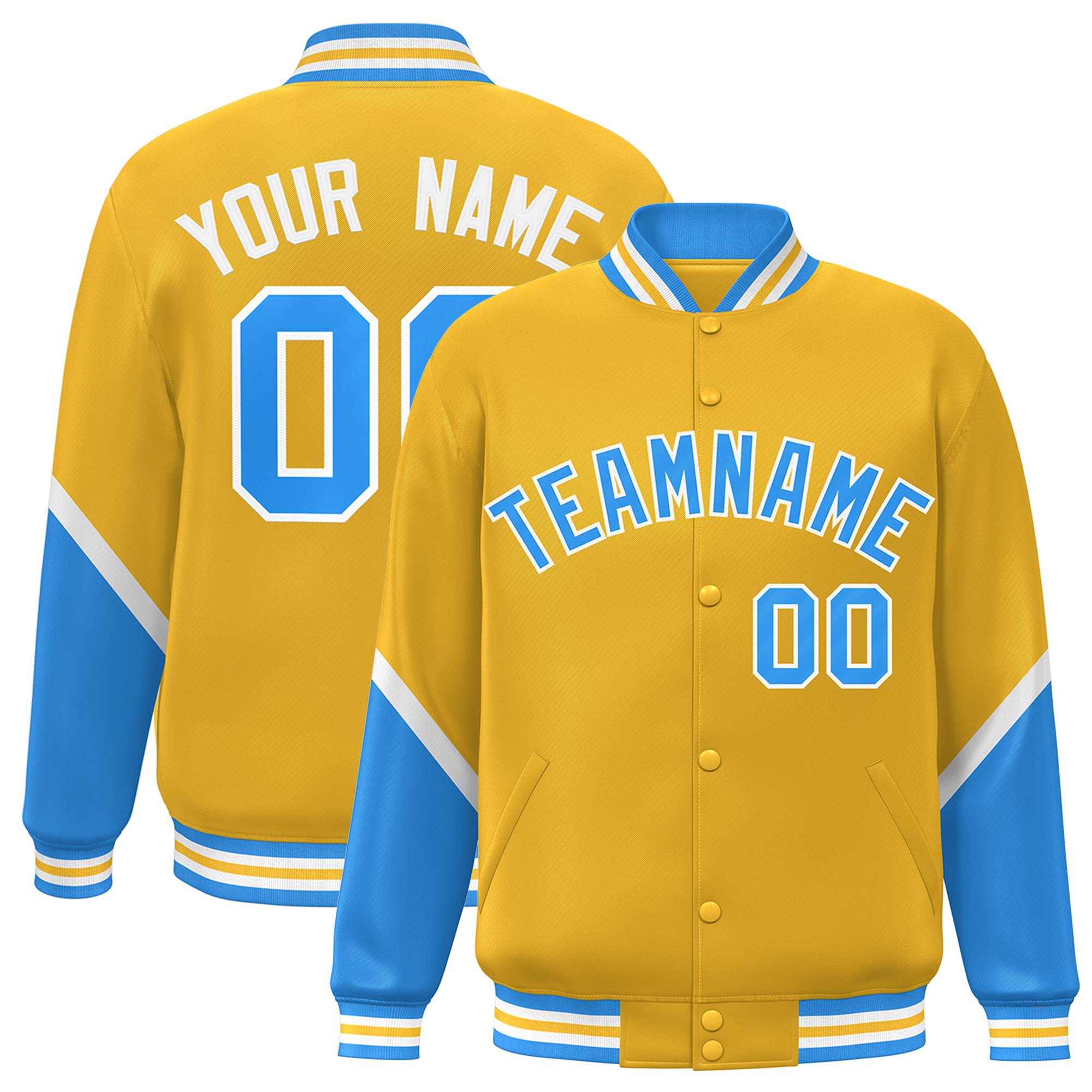 Custom Gold Powder Blue Varsity Full-Snap Color Block Letterman Baseball Jacket