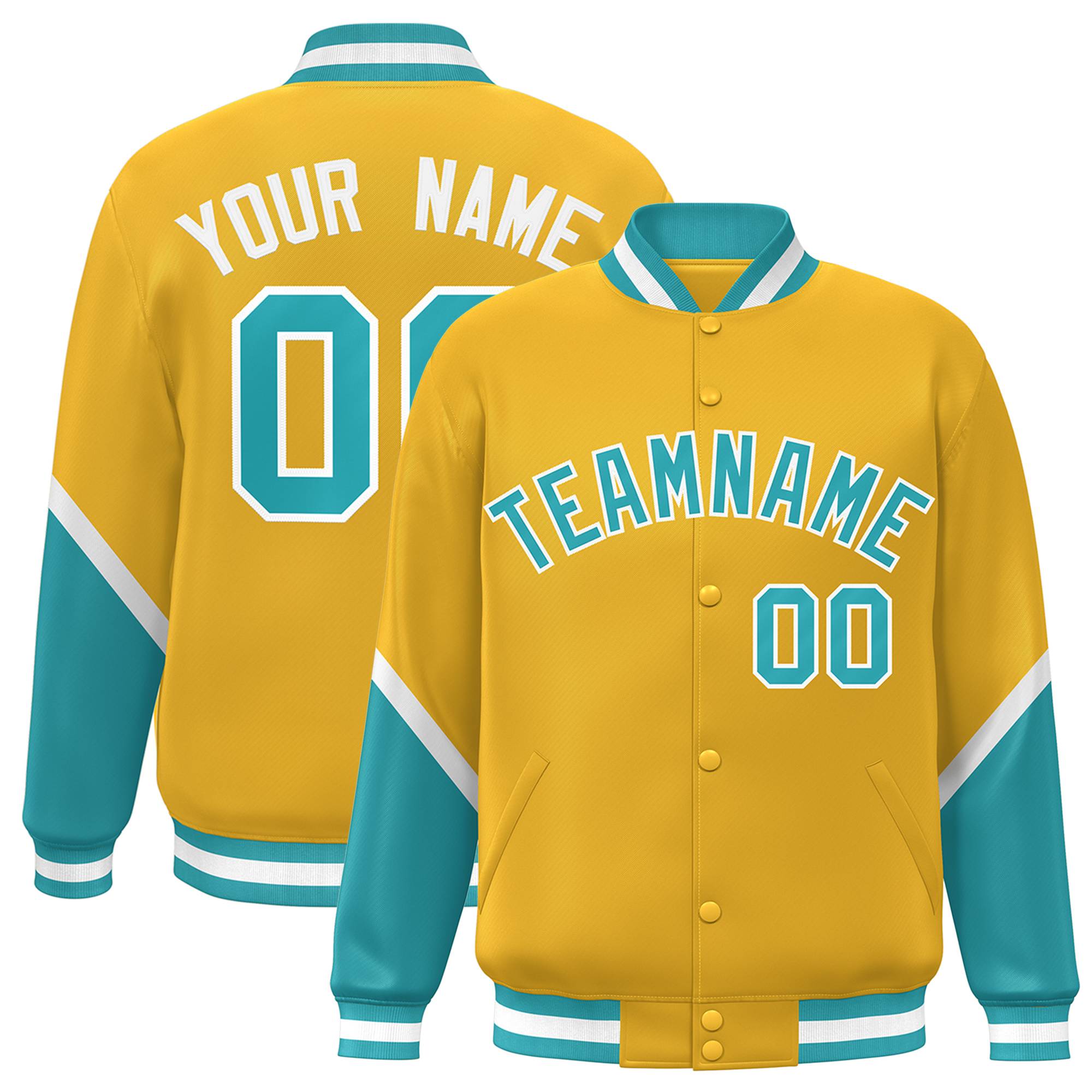 Custom Gold Aqua Varsity Full-Snap Color Block Letterman Baseball Jacket