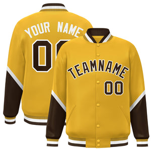 Custom Gold Brown Varsity Full-Snap Color Block Letterman Baseball Jacket