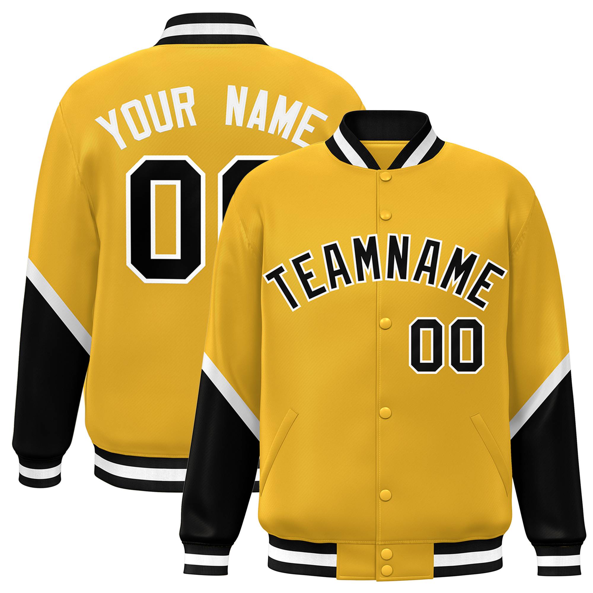 Custom Gold Black Varsity Full-Snap Color Block Letterman Baseball Jacket