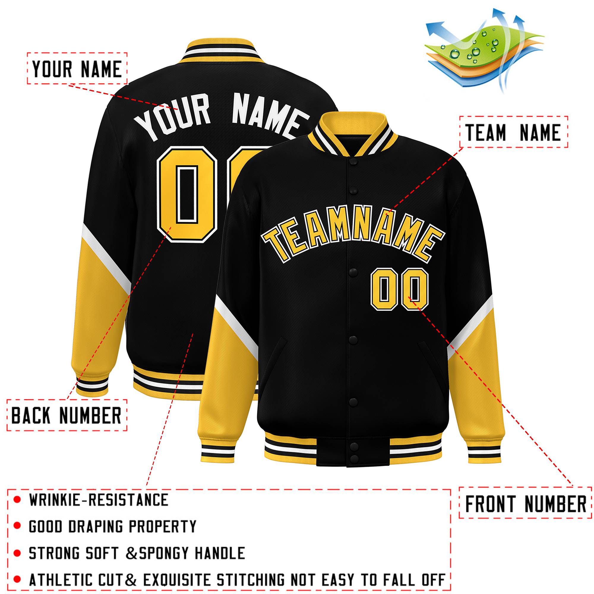 Custom Black Gold Varsity Full-Snap Color Block Letterman Baseball Jacket