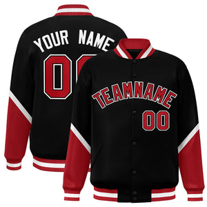 Custom Black Red Varsity Full-Snap Color Block Letterman Baseball Jacket