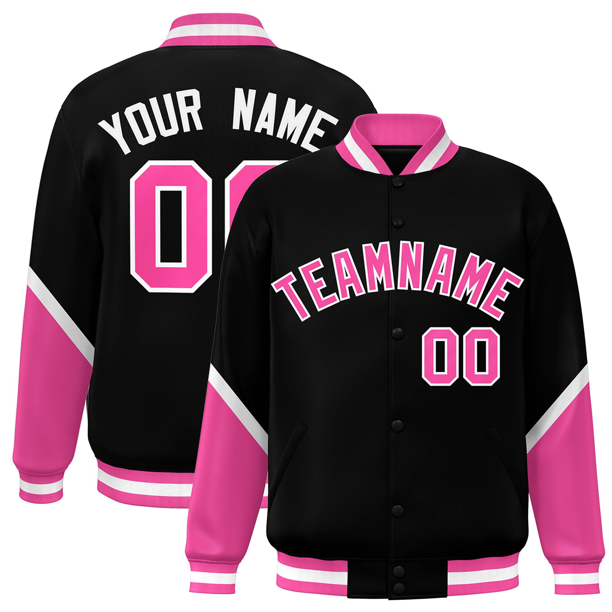 Custom Black Pink Varsity Full-Snap Color Block Letterman Baseball Jacket