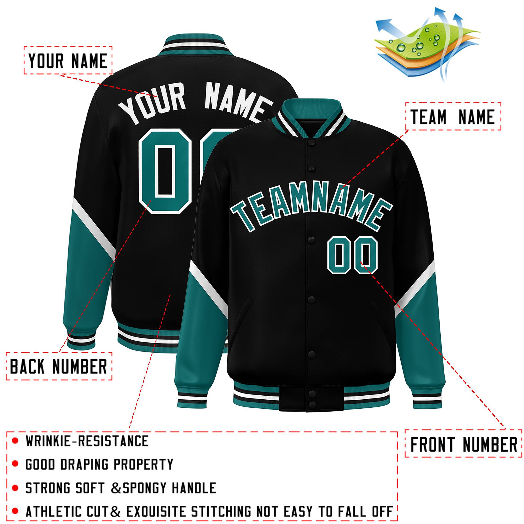 Custom Black Aqua Varsity Full-Snap Color Block Letterman Baseball Jacket