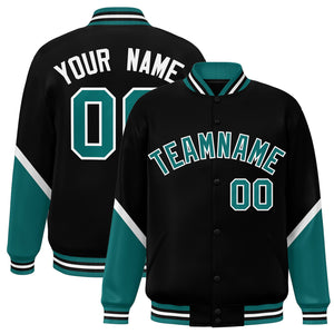 Custom Black Aqua Varsity Full-Snap Color Block Letterman Baseball Jacket