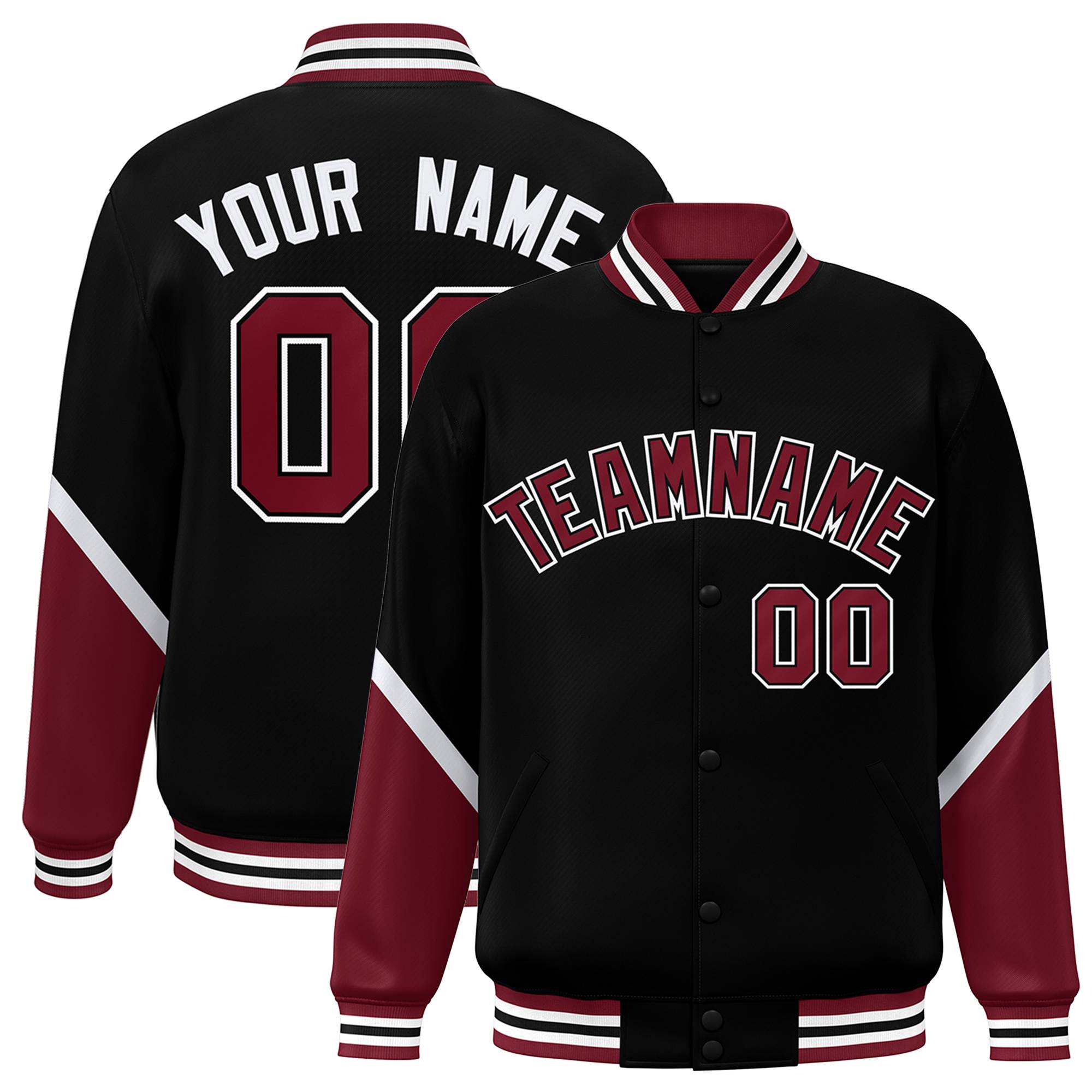 Custom Black Crimson Varsity Full-Snap Color Block Letterman Baseball Jacket