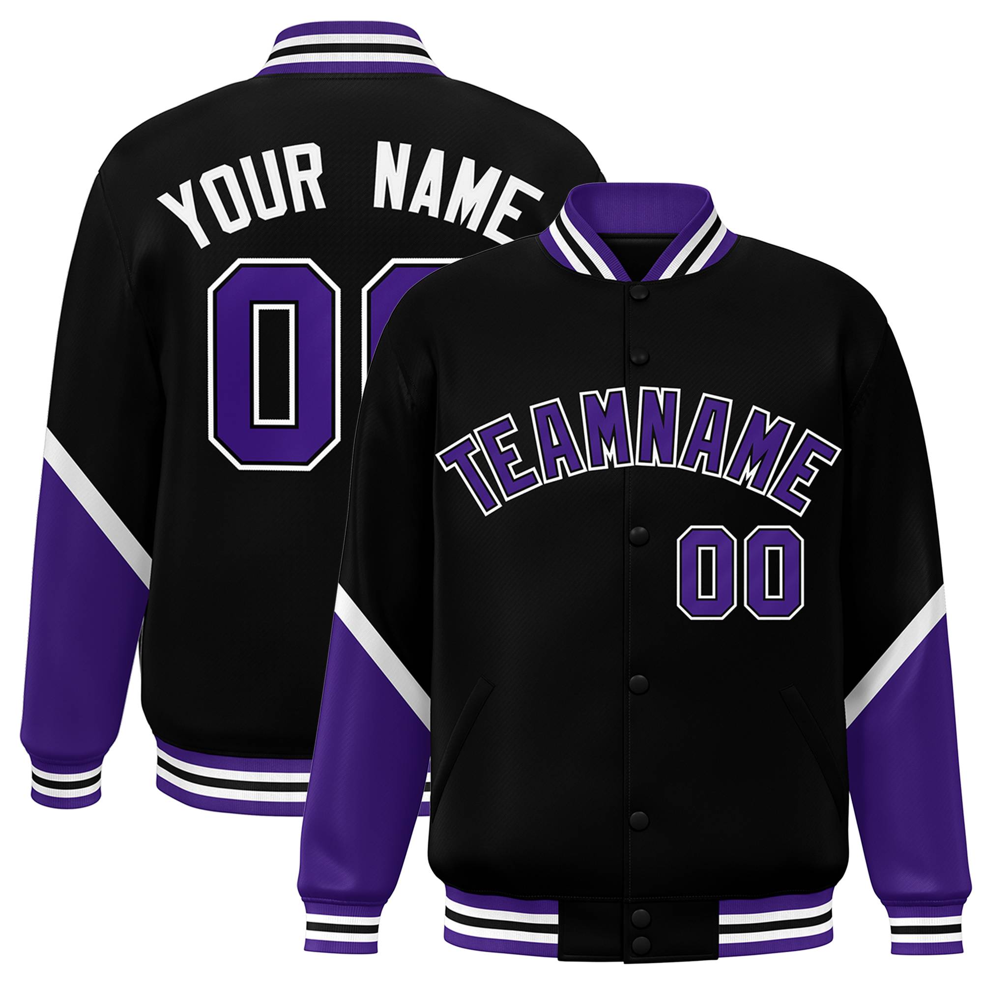 Custom Black Purple Varsity Full-Snap Color Block Letterman Baseball Jacket