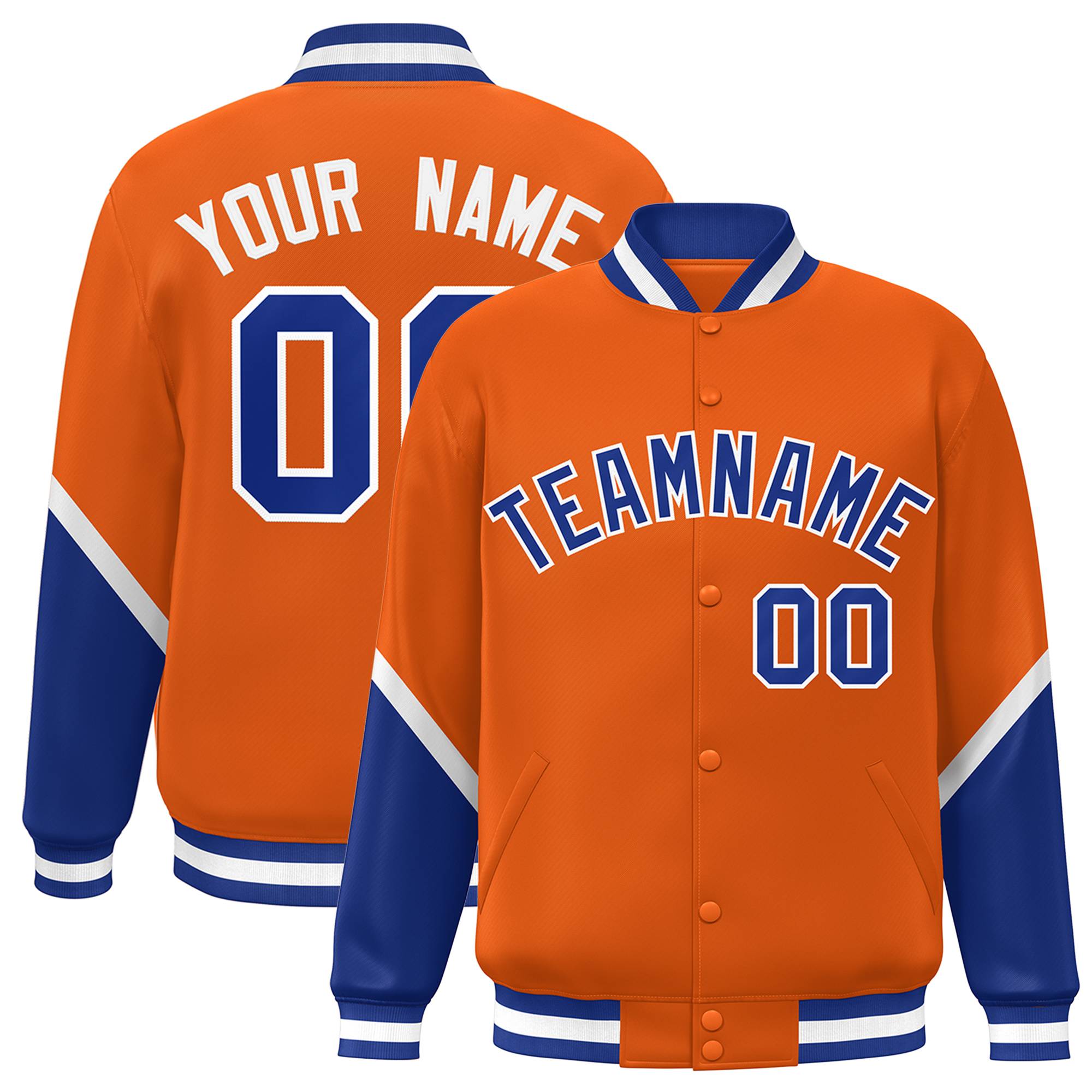 Custom Orange Royal Varsity Full-Snap Color Block Letterman Baseball Jacket