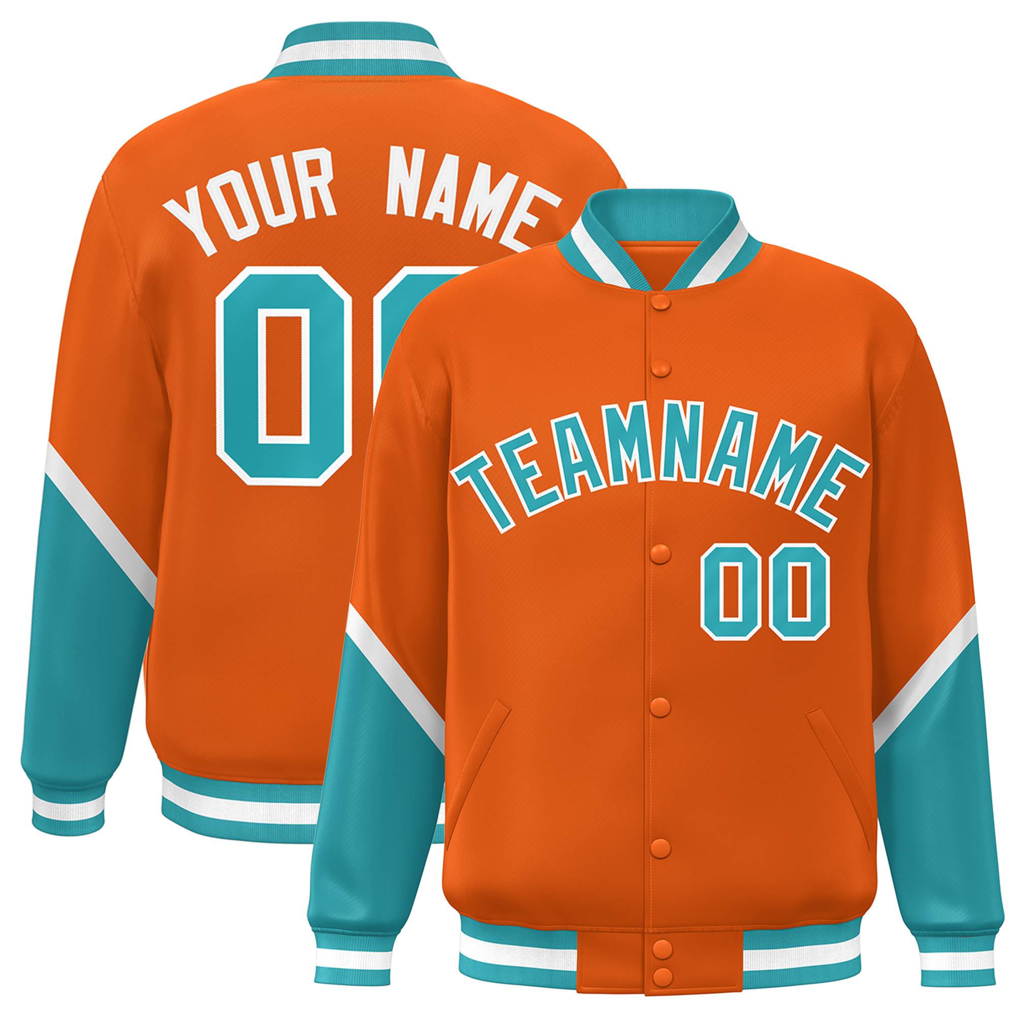 Custom Orange Aqua Varsity Full-Snap Color Block Letterman Baseball Jacket