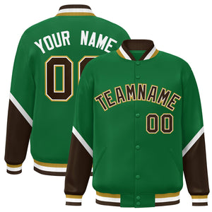 Custom Kelly Green Brown Varsity Full-Snap Color Block Letterman Baseball Jacket