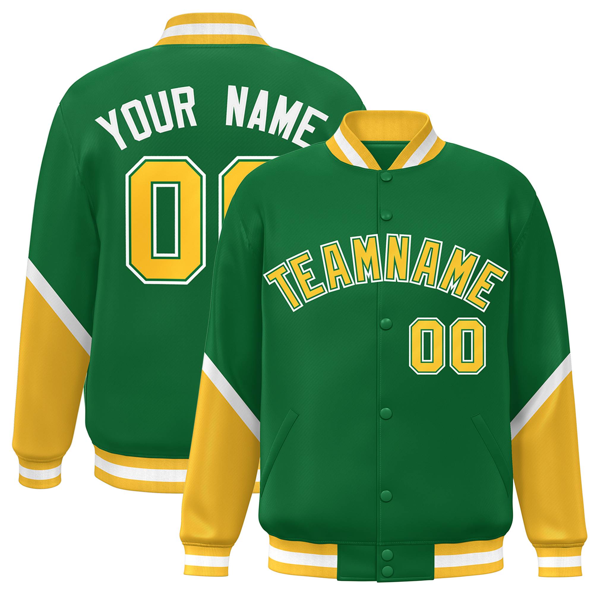 Custom Kelly Green Gold Varsity Full-Snap Color Block Letterman Baseball Jacket