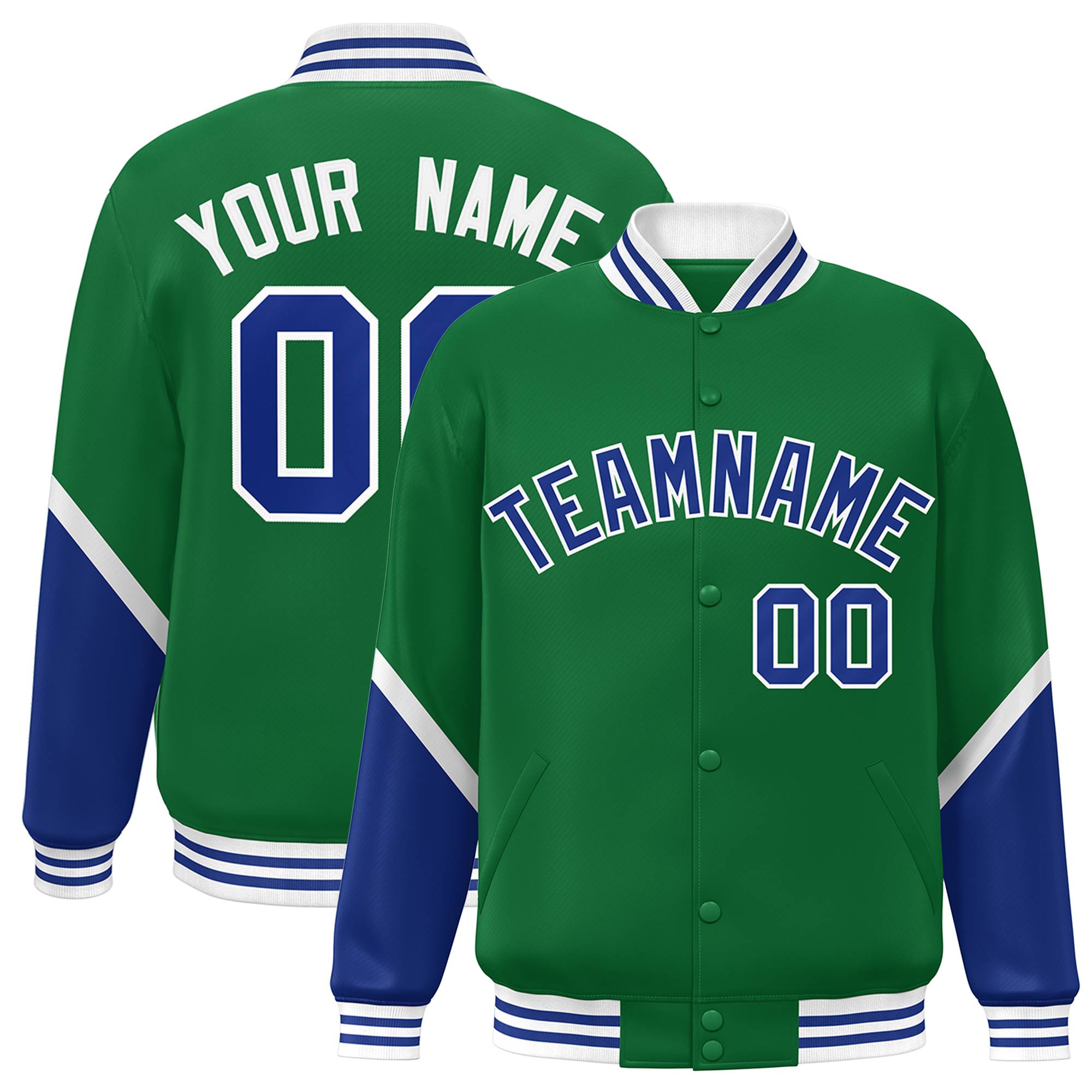 Custom Kelly Green Royal Varsity Full-Snap Color Block Letterman Baseball Jacket