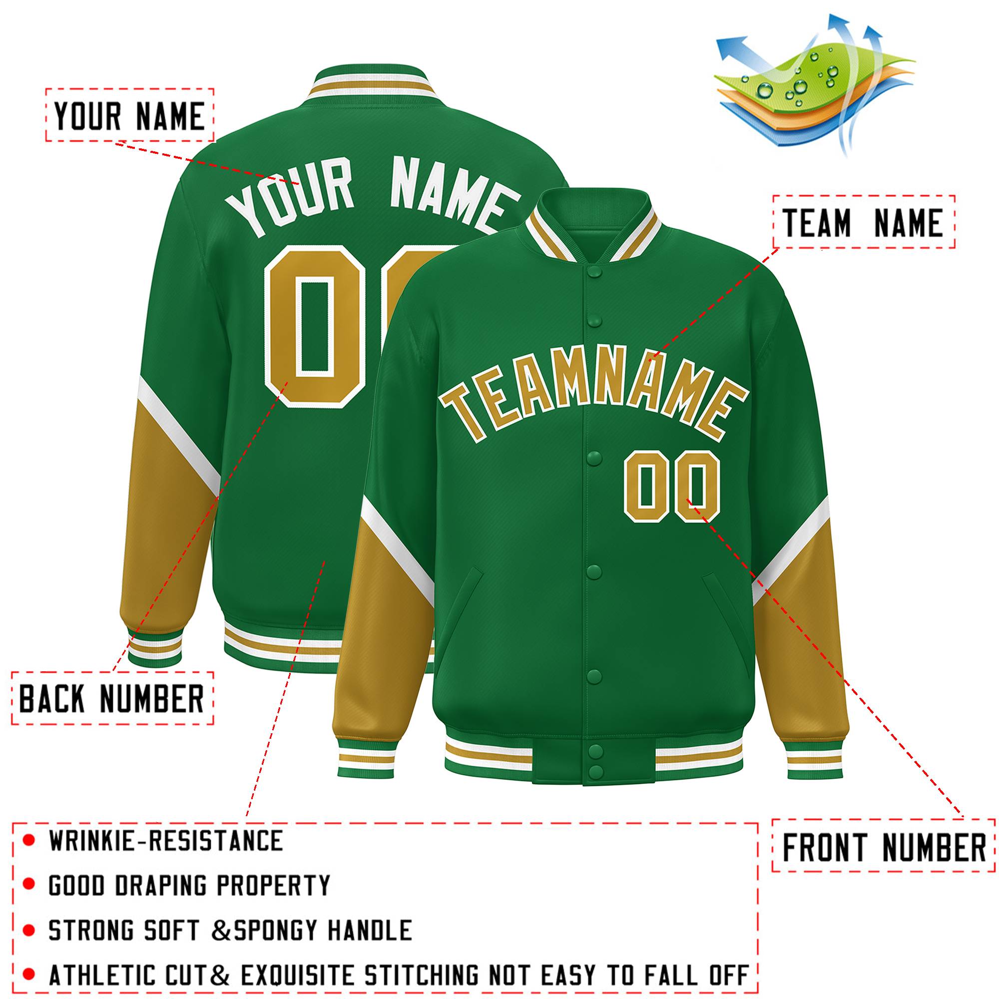 Custom Kelly Green Old Gold Varsity Full-Snap Color Block Letterman Baseball Jacket