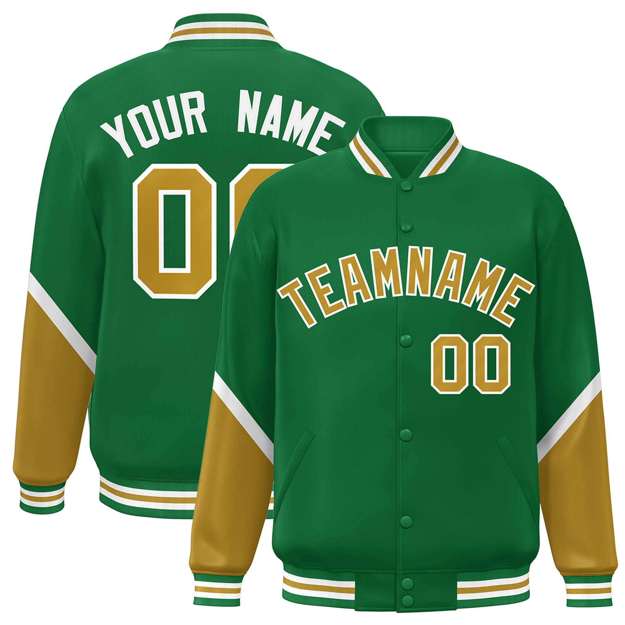 Custom Kelly Green Old Gold Varsity Full-Snap Color Block Letterman Baseball Jacket