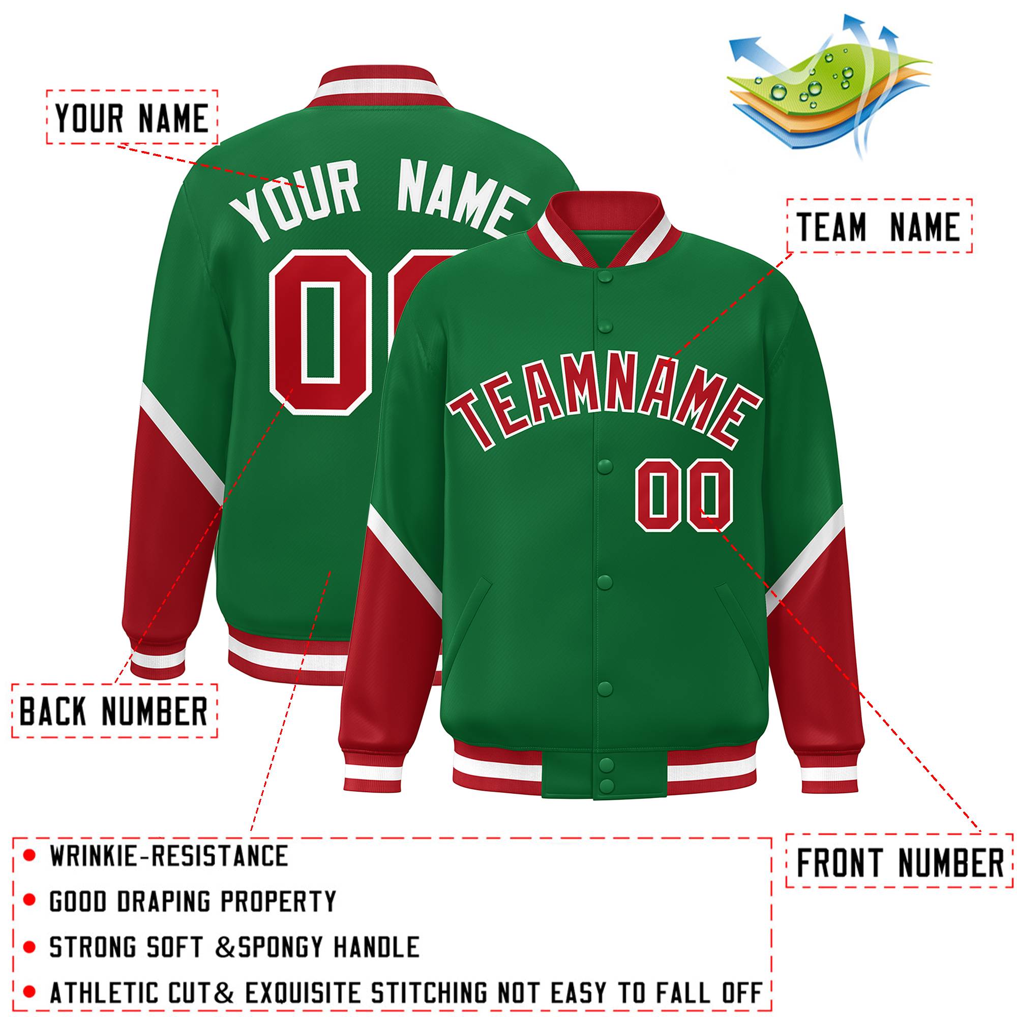 Custom Kelly Green Red Varsity Full-Snap Color Block Letterman Baseball Jacket