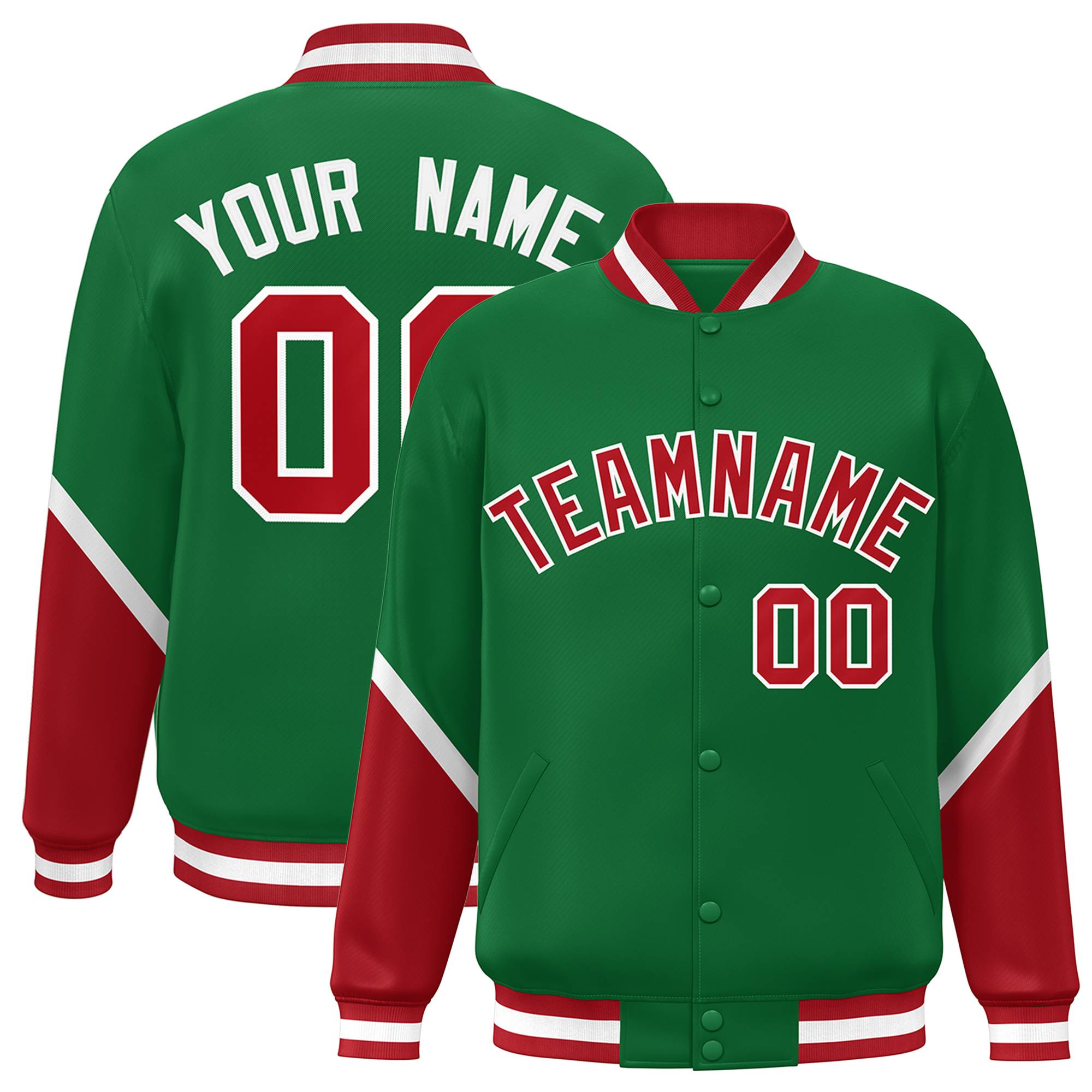 Custom Kelly Green Red Varsity Full-Snap Color Block Letterman Baseball Jacket