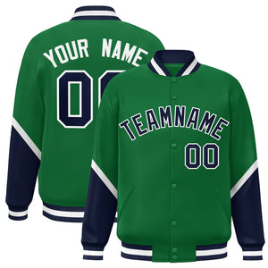 Custom Kelly Green Navy Varsity Full-Snap Color Block Letterman Baseball Jacket