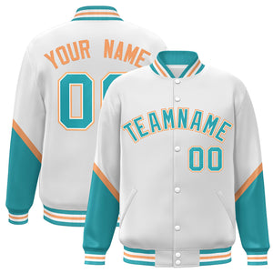 Custom White Aqua Varsity Full-Snap Color Block Letterman Baseball Jacket