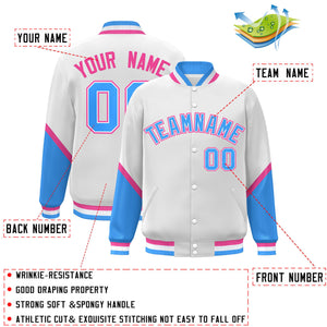 Custom White Powder Blue Varsity Full-Snap Color Block Letterman Baseball Jacket