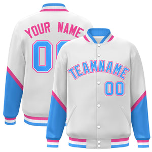 Custom White Powder Blue Varsity Full-Snap Color Block Letterman Baseball Jacket