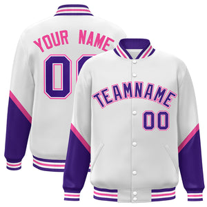 Custom White Purple Varsity Full-Snap Color Block Letterman Baseball Jacket