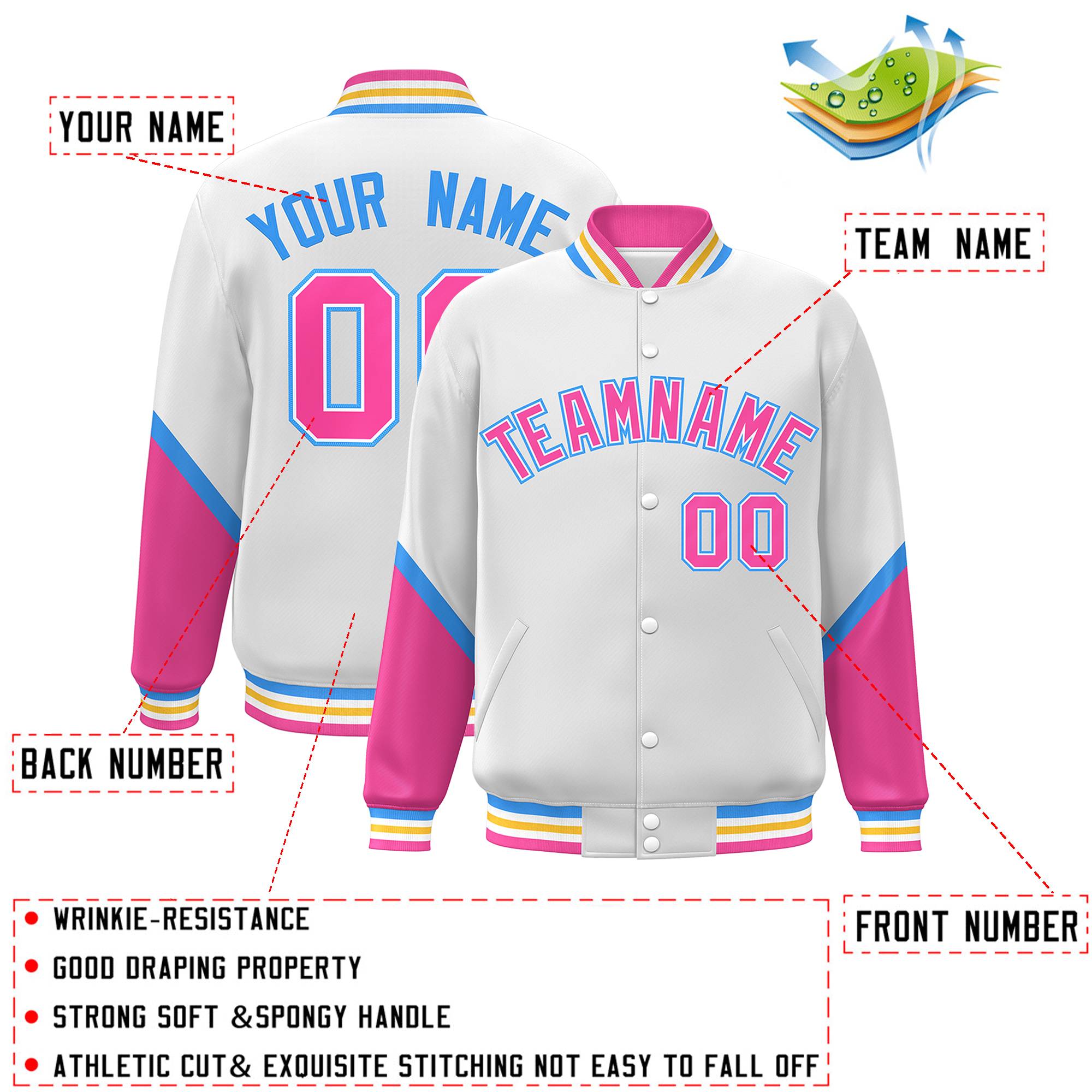 Custom White Pink Varsity Full-Snap Color Block Letterman Baseball Jacket