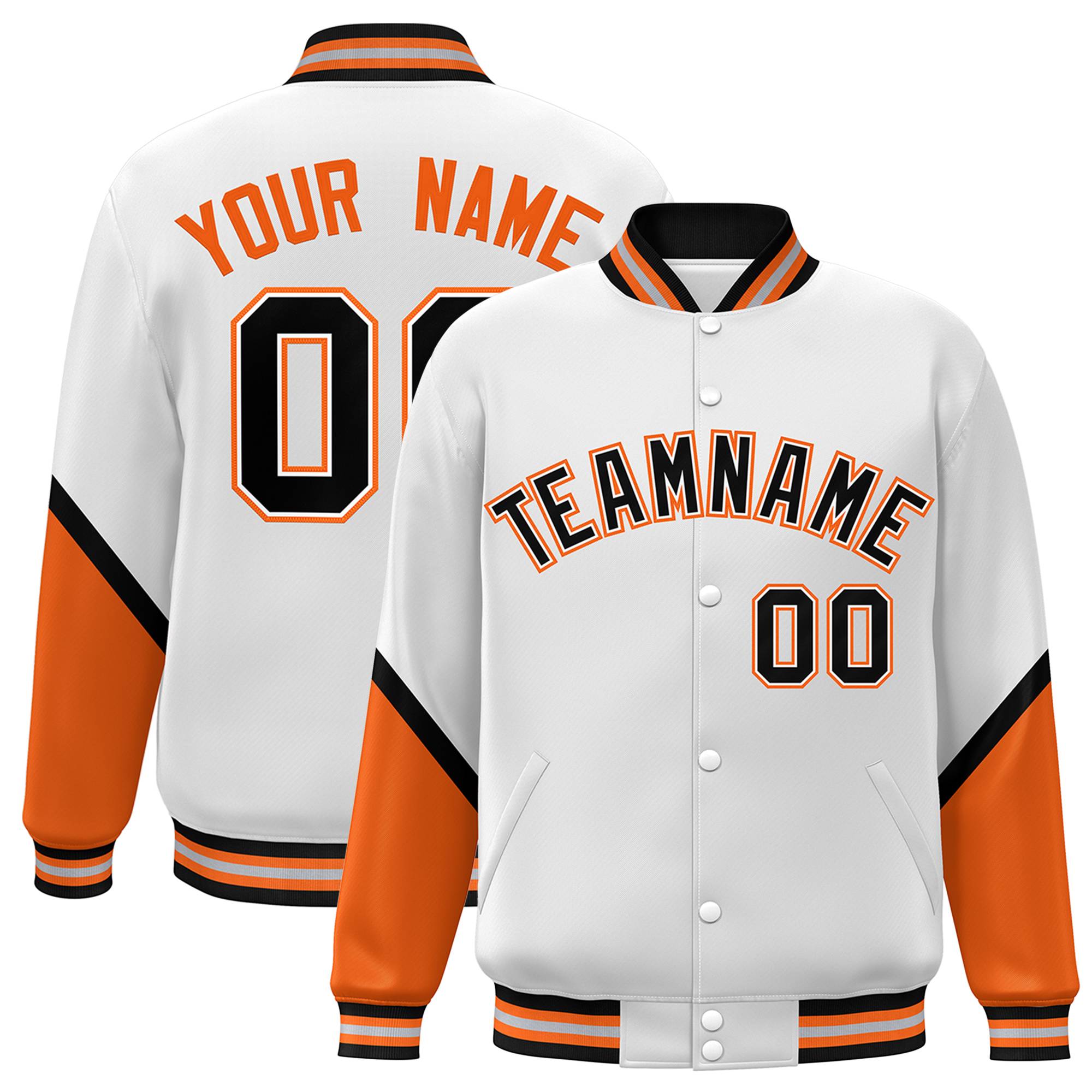 Custom White Orange Varsity Full-Snap Color Block Letterman Baseball Jacket