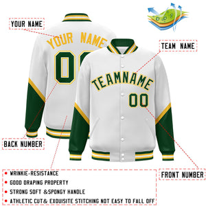 Custom White Green Varsity Full-Snap Color Block Letterman Baseball Jacket