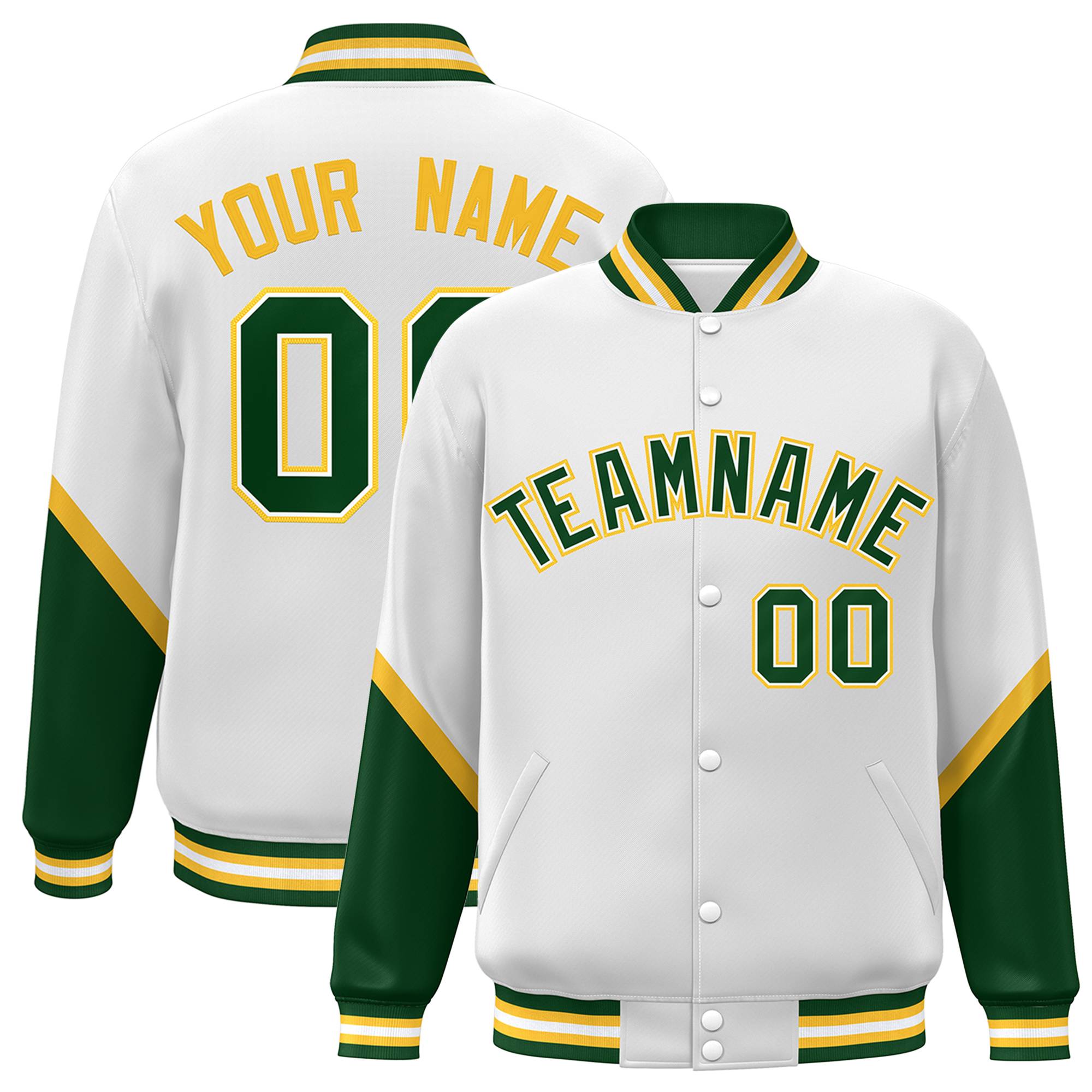 Custom White Green Varsity Full-Snap Color Block Letterman Baseball Jacket