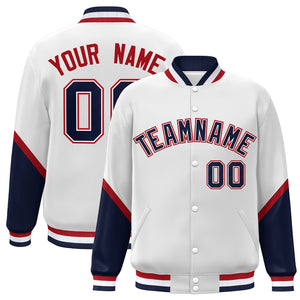 Custom White Navy Varsity Full-Snap Color Block Letterman Baseball Jacket