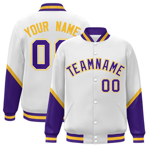 Custom White Purple Varsity Full-Snap Color Block Letterman Baseball Jacket