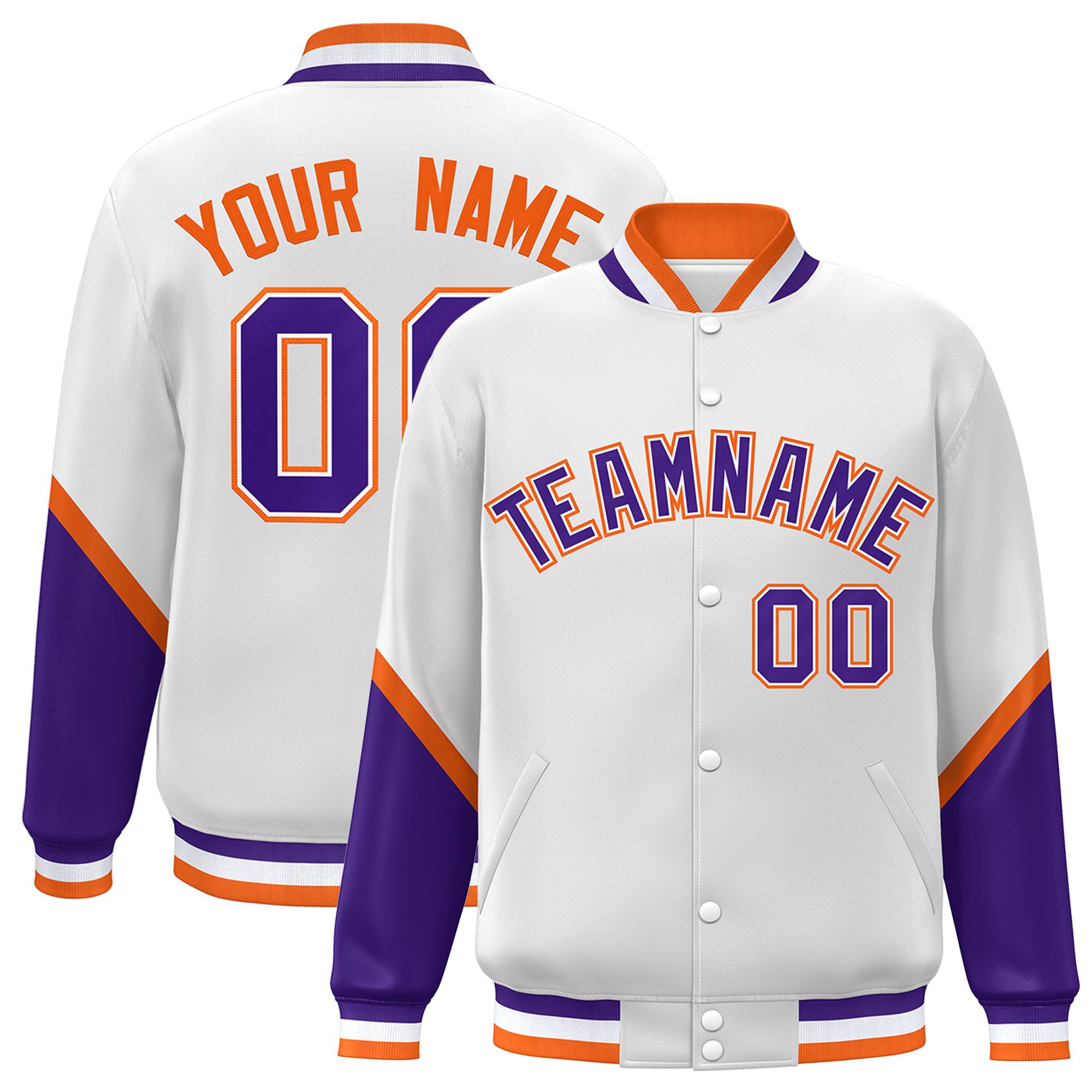 Custom White Purple Varsity Full-Snap Color Block Letterman Baseball Jacket