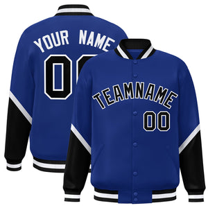 Custom Royal Black Varsity Full-Snap Color Block Letterman Baseball Jacket