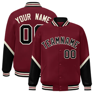 Custom Crimson Black Varsity Full-Snap Color Block Letterman Baseball Jacket