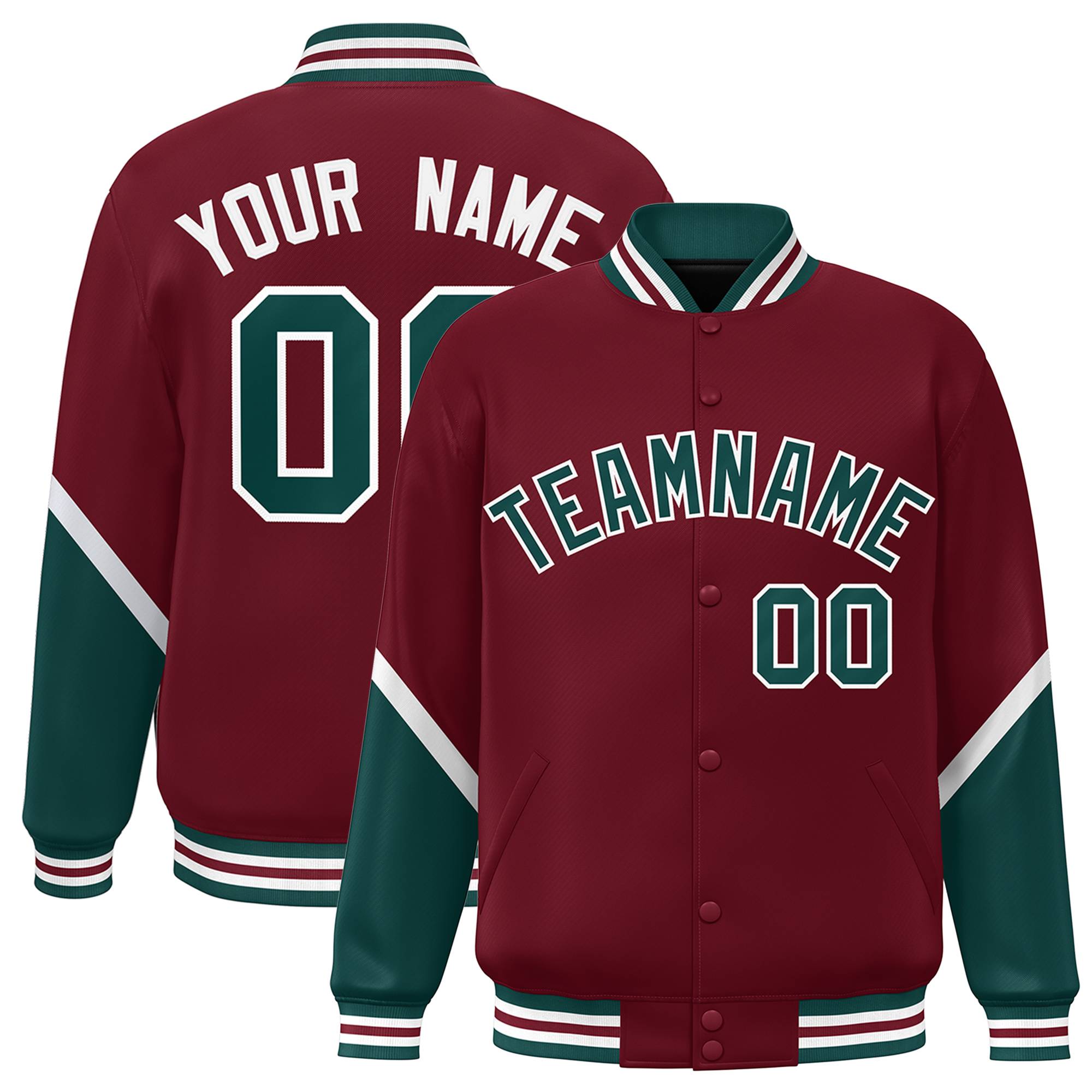 Custom Crimson Midnight Green Varsity Full-Snap Color Block Letterman Baseball Jacket