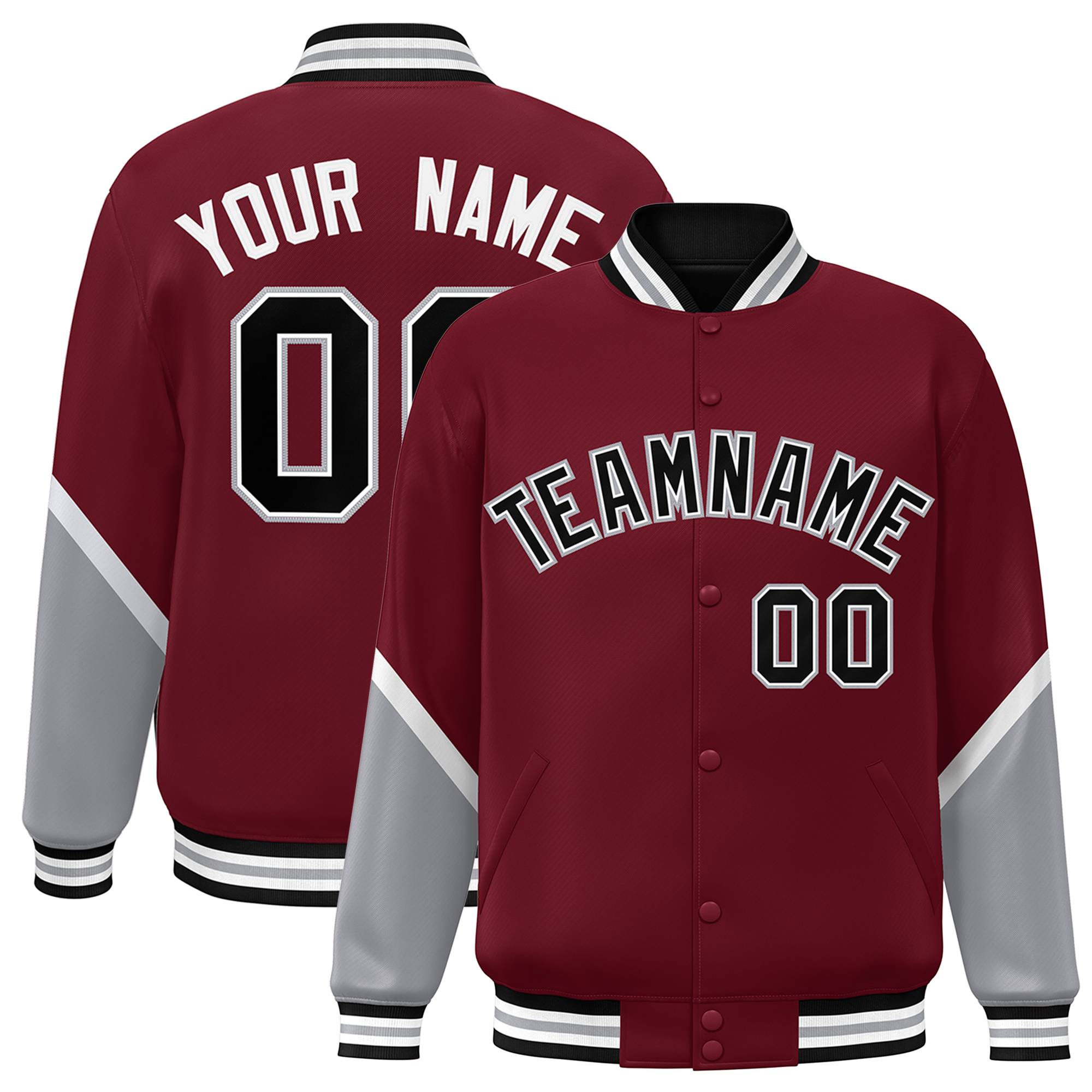 Custom Crimson Gray Varsity Full-Snap Color Block Letterman Baseball Jacket