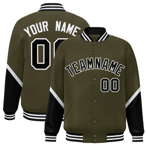 Custom Olive Black Varsity Full-Snap Color Block Letterman Baseball Jacket