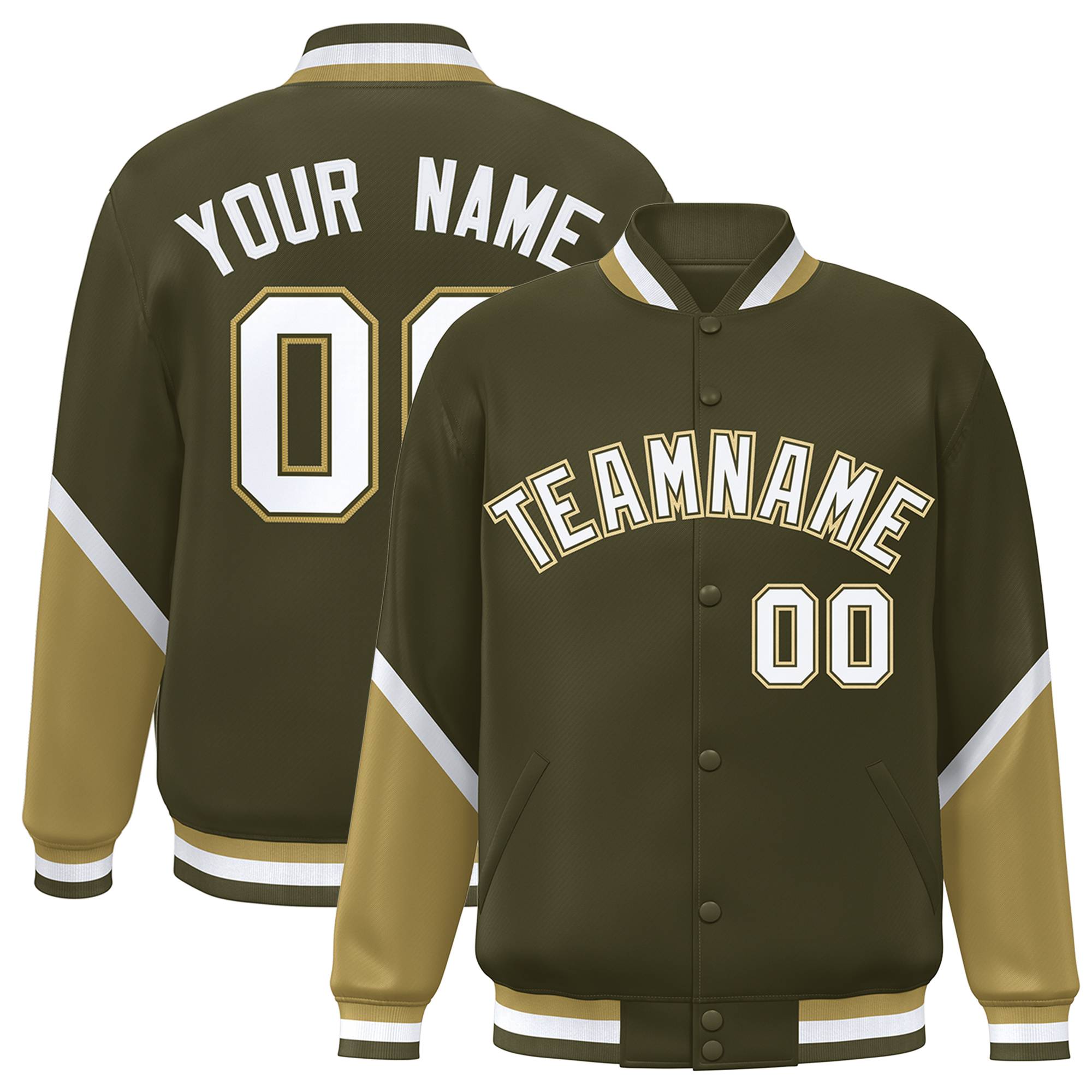 Custom Olive Desert Yellow Varsity Full-Snap Color Block Letterman Baseball Jacket