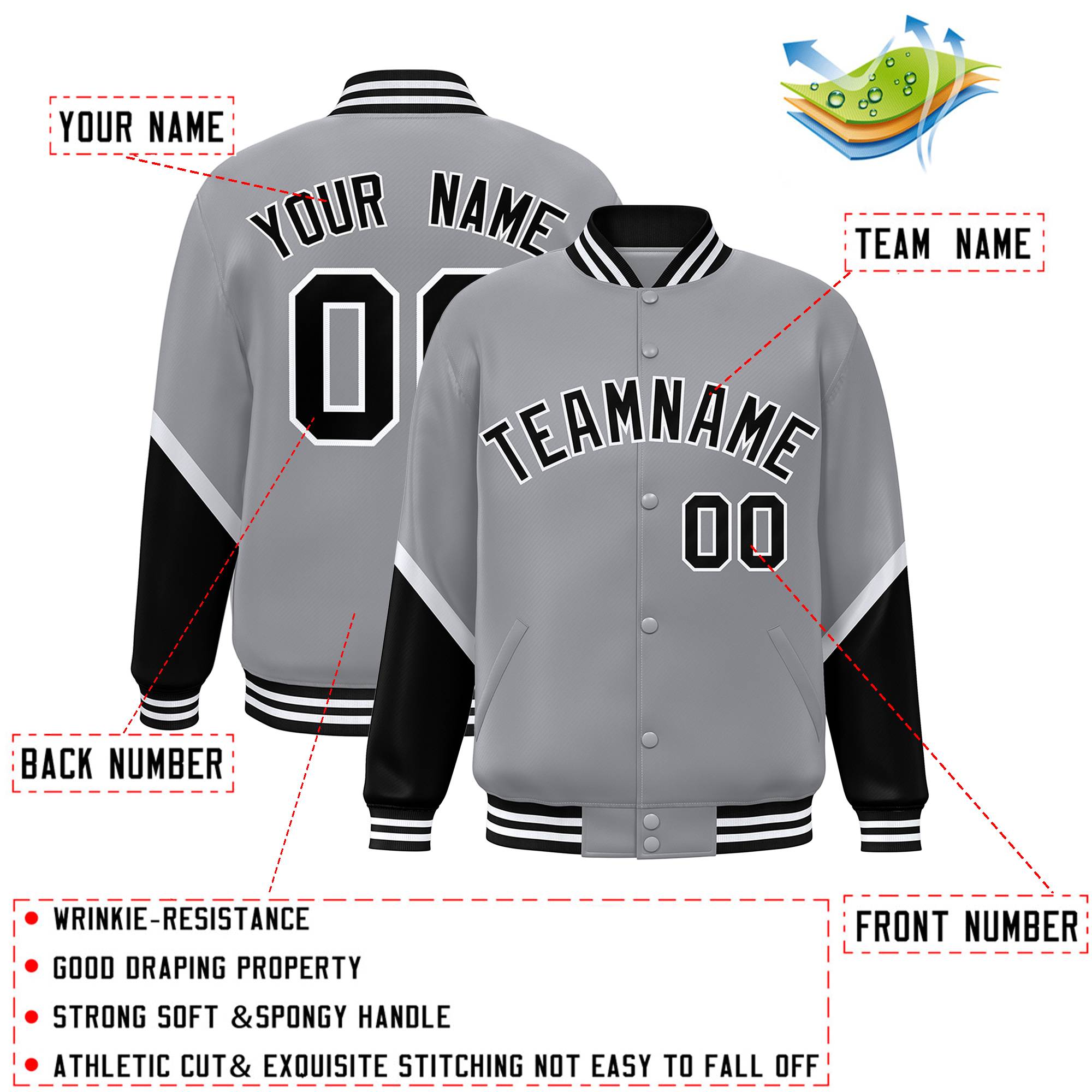 Custom Gray Black Varsity Full-Snap Color Block Letterman Baseball Jacket