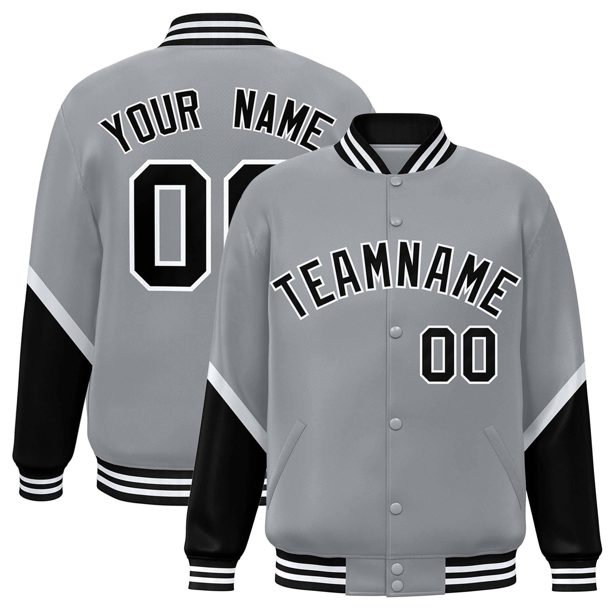 Custom Gray Black Varsity Full-Snap Color Block Letterman Baseball Jacket