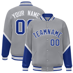 Custom Gray Royal Varsity Full-Snap Color Block Letterman Baseball Jacket