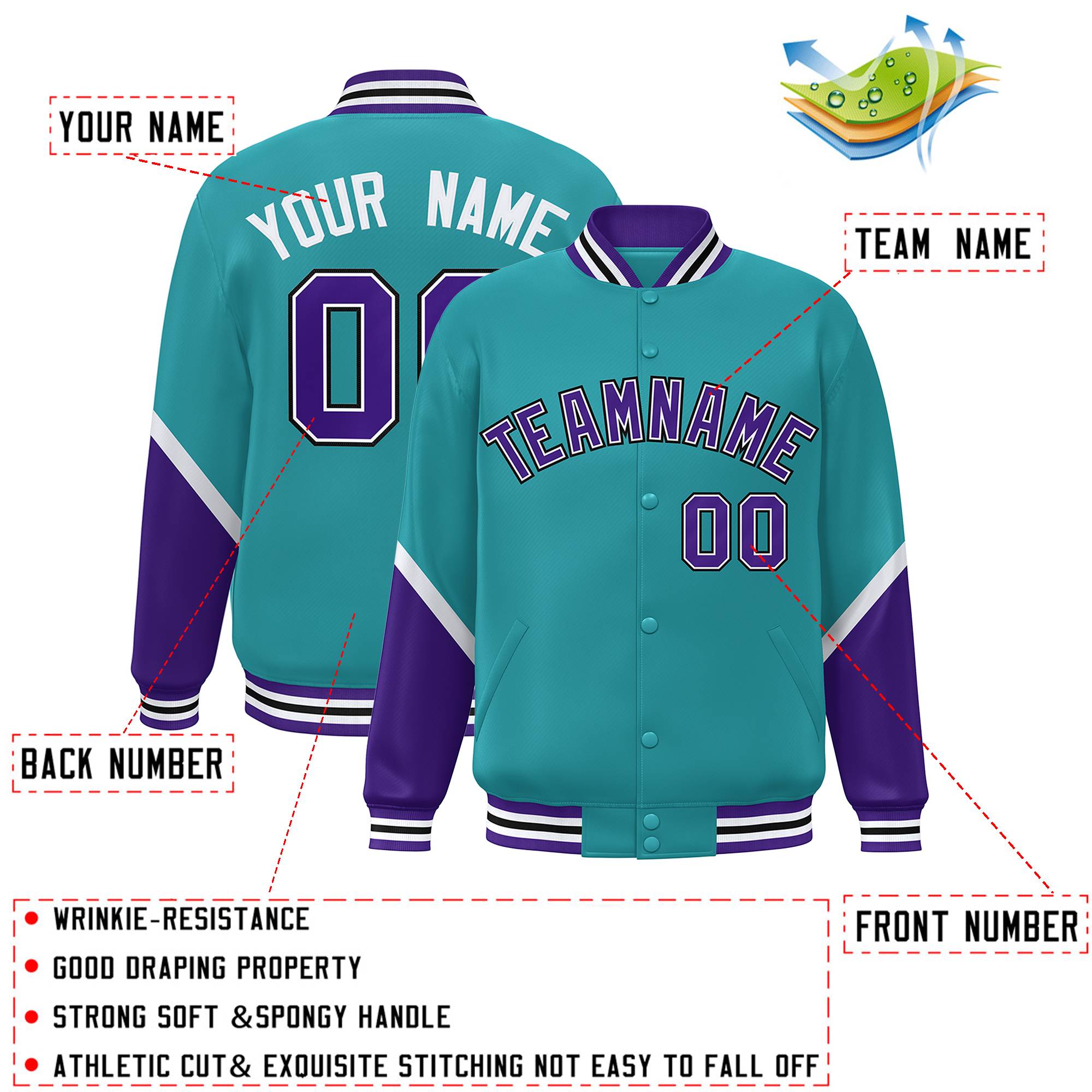 Custom Aqua Purple Varsity Full-Snap Color Block Letterman Baseball Jacket