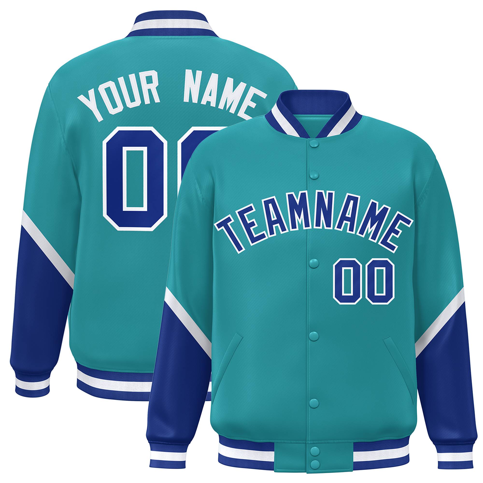 Custom Aqua Royal Varsity Full-Snap Color Block Letterman Baseball Jacket