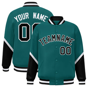 Custom Aqua Black Varsity Full-Snap Color Block Letterman Baseball Jacket