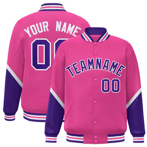 Custom Pink Purple Varsity Full-Snap Color Block Letterman Baseball Jacket