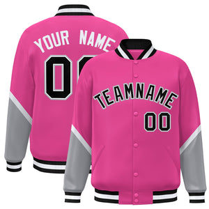 Custom Pink Gray Varsity Full-Snap Color Block Letterman Baseball Jacket